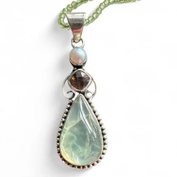 Prehnite, Smoky Topaz & Pearl Solid 925 Sterling Silver Pendant Necklace - Picture 2 of 3